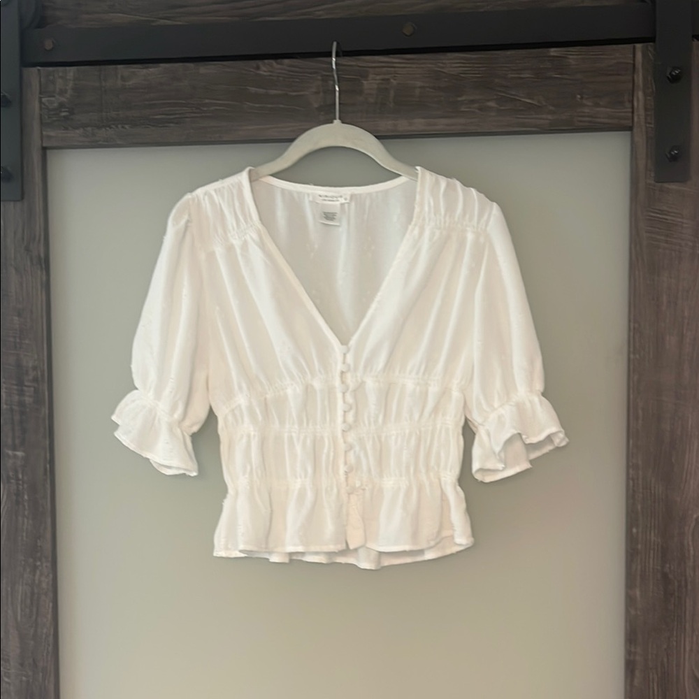White Smocked Flutter Sleeve Crop Blouse